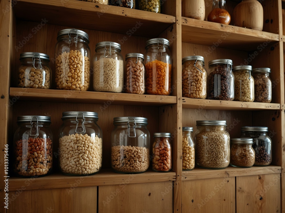 Assorted grains and legumes in glass jars on wooden shelves. Assorted grains and legumes in glass jars on wooden shelves.