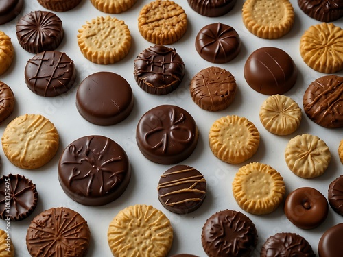 Assorted chocolates and biscuits on a white background.