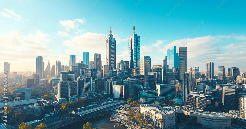 Obraz premium Aerial View of City Skyline and Skyscrapers Under Blue Sky and White Clouds