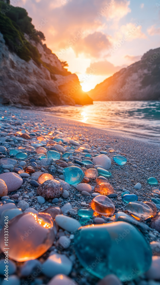 Obraz premium glass beach, covered with millions of small smooth multi colored rocks that appear as translucent glass