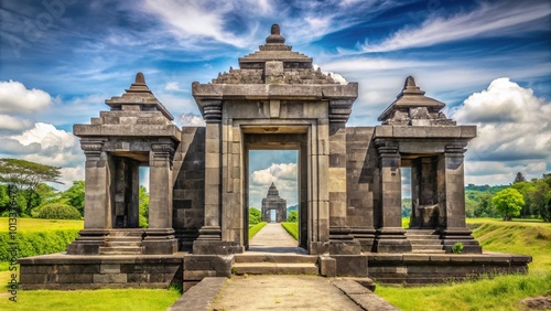 Ancient stone gateway marks the entrance to Ratu Boko Temple, a majestic archaeological site in Prambanan sub-district, Sleman district, Yogyakarta's cultural heartland. photo