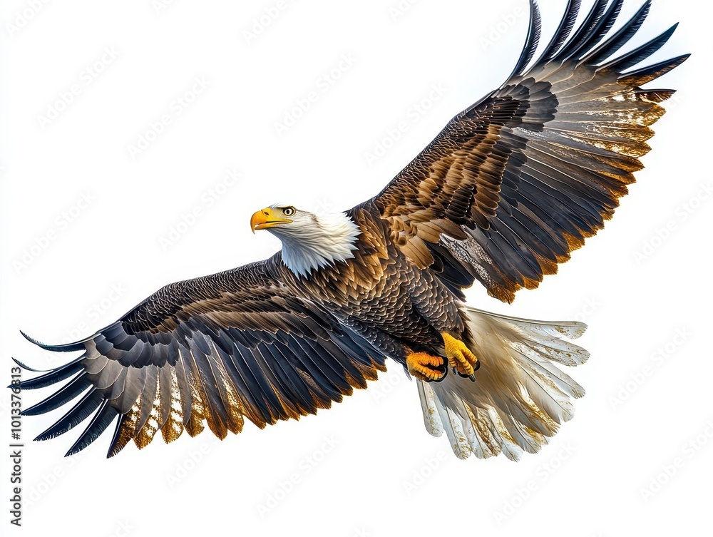 Obraz premium dynamic clipart of a bald eagle soaring through the skies wings spread wide against a bright white backdrop symbolizing freedom and strength in a simple striking design