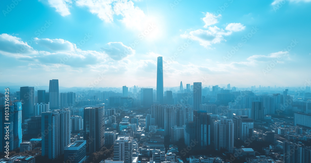 Obraz premium Aerial View of City Skyline and Skyscrapers Under Blue Sky and White Clouds