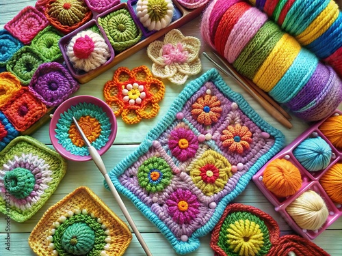 Colorful crochet granny squares with intricate patterns and textures lay beside a hook and balls of yarn, surrounded by knitted fabric swatches and yarn samples. photo