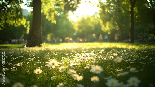 Serene meadow with blooming daisies in sunlit forest