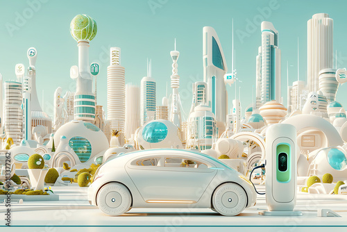 Sleek EV car charging at a green energy station in an ultramodern city, surrounded by energyefficient skyscrapers photo