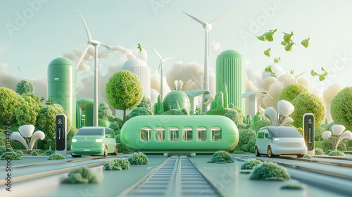 Futuristic city with green energy technology at its core, featuring EV cars and windpowered charging stations photo