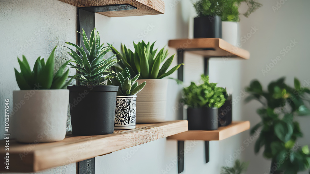 Minimalist Plant Arrangement on Rustic Shelves Minimalist Plant Arrangement on Rustic Shelves