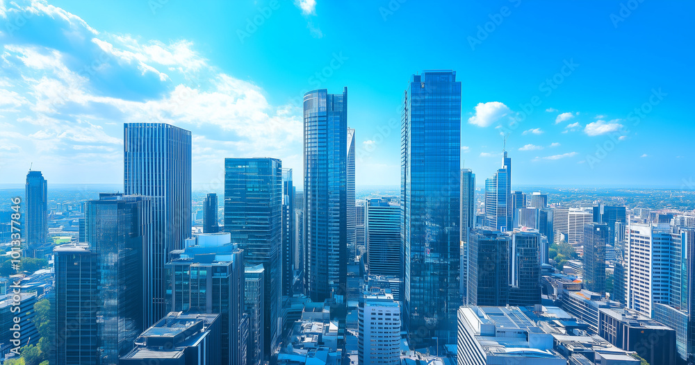 Obraz premium Aerial View of City Skyline and Skyscrapers Under Blue Sky and White Clouds