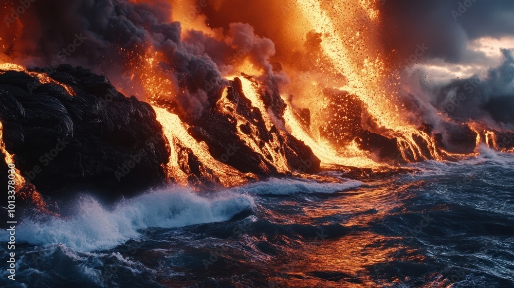 Close-up of volcanic rocks solidifying as they meet ocean water, creating new land along the shore Close-up of volcanic rocks solidifying as they meet ocean water, creating new land along the shore