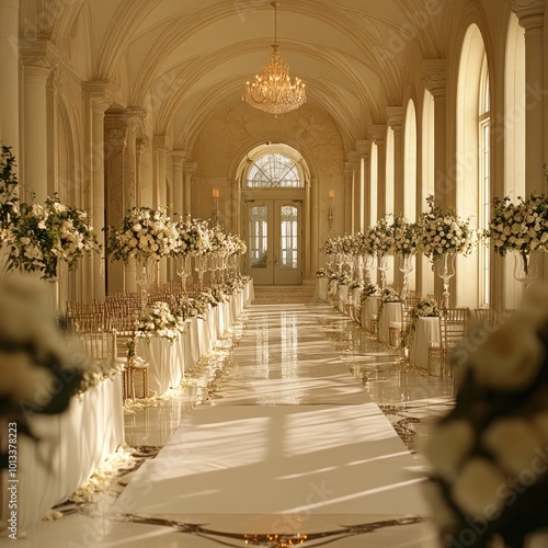 A grand, white-walled hallway with a white runner down the center, flanked by white chairs and tall white flower arrangements, leading to a grand, arched doorway. photo