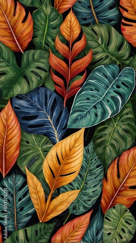 Many Colorful Tropical Exotic Seamless Leaf Pattern photo