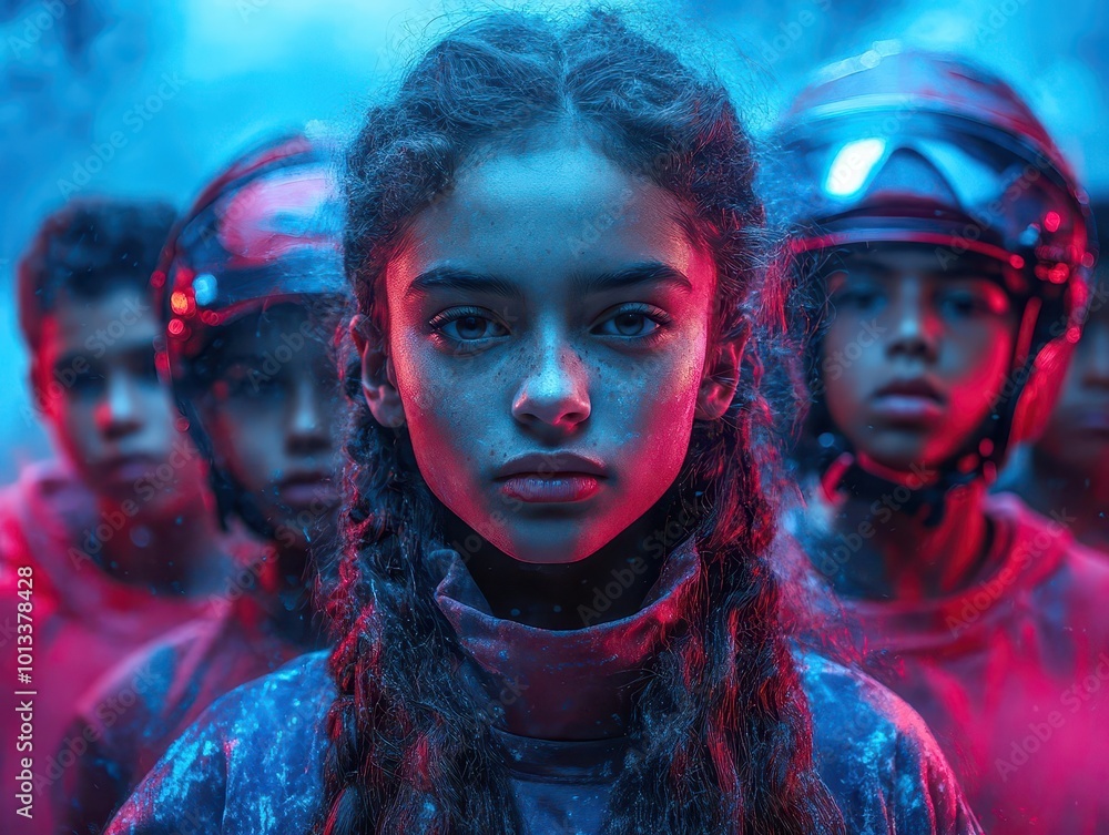 Fototapeta premium dynamic group of athletes and children energetically posing with sports equipment set against an electrifying neon light background that conveys excitement and enthusiasm in sports