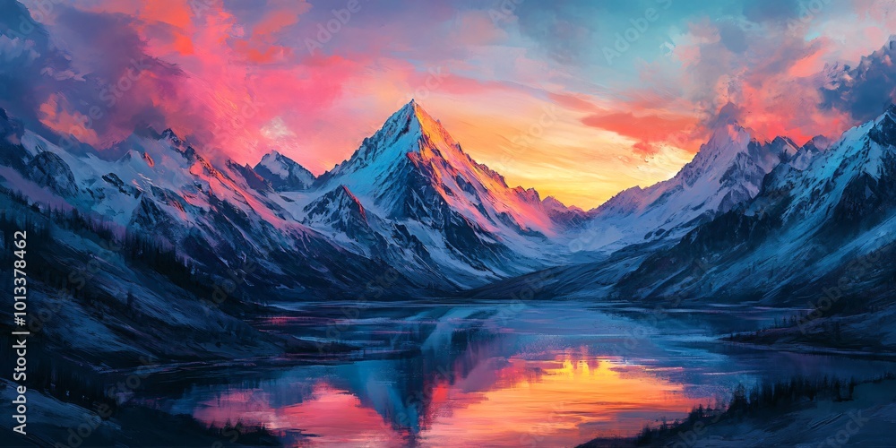 A serene lake nestled in the shadow of towering snow-capped mountains, bathed in the vibrant glow of a colorful sunset. A serene lake nestled in the shadow of towering snow-capped mountains, bathed in the vibrant glow of a colorful sunset.