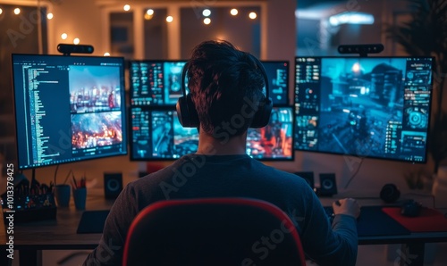 A person playing video games on multiple monitors.