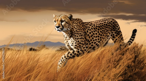 A digital artwork of a cheetah gracefully stalking its prey across the golden savanna, capturing the essence of wilderness and agility.