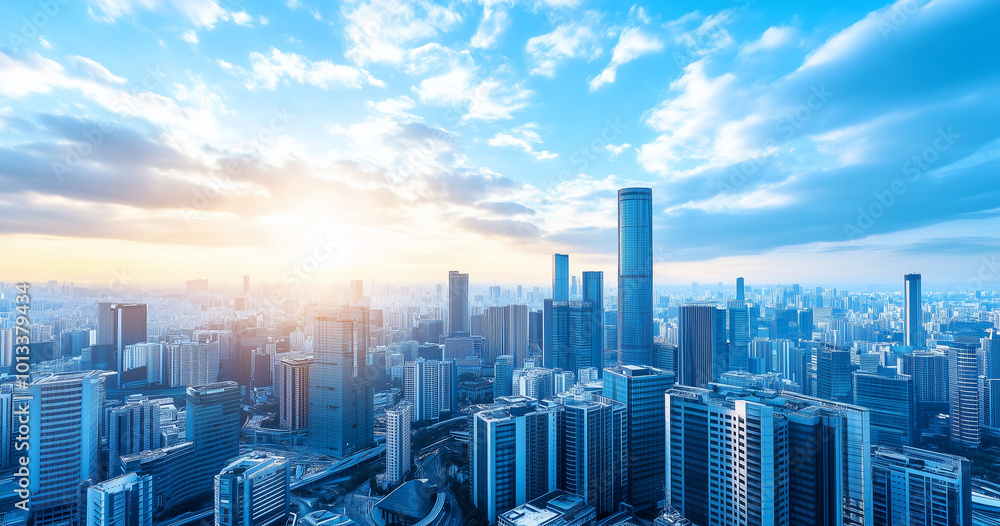 Aerial View of City Skyline and Skyscrapers Under Blue Sky and White Clouds Aerial View of City Skyline and Skyscrapers Under Blue Sky and White Clouds