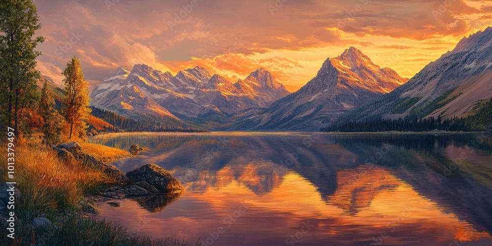 A serene lake reflecting the golden hues of a sunset, surrounded by towering mountains and lush greenery. A serene lake reflecting the golden hues of a sunset, surrounded by towering mountains and lush greenery.