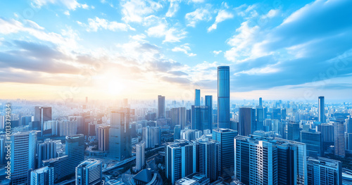 Aerial View of City Skyline and Skyscrapers Under Blue Sky and White Clouds