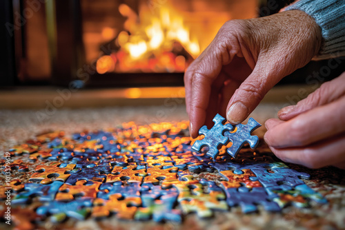 Cozy Evening Puzzle Time by the Fireplace 