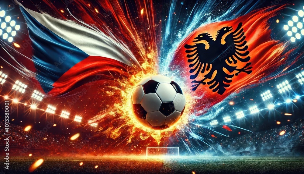 Czech Republic vs Albania Football Match with soccer ball on the background of the soccer stadium, UEFA Nations League, Group 1, League B, Match Concept Czech Republic vs Albania Football Match with soccer ball on the background of the soccer stadium, UEFA Nations League, Group 1, League B, Match Concept