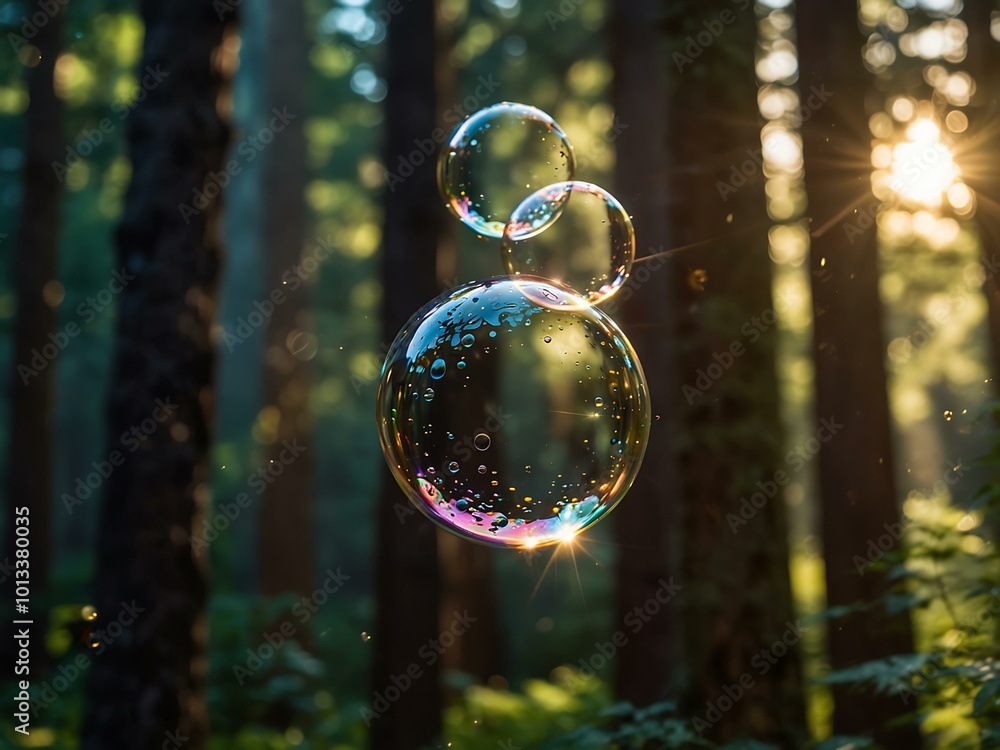 Bubbles in a sunlit forest with lens flare. Bubbles in a sunlit forest with lens flare.