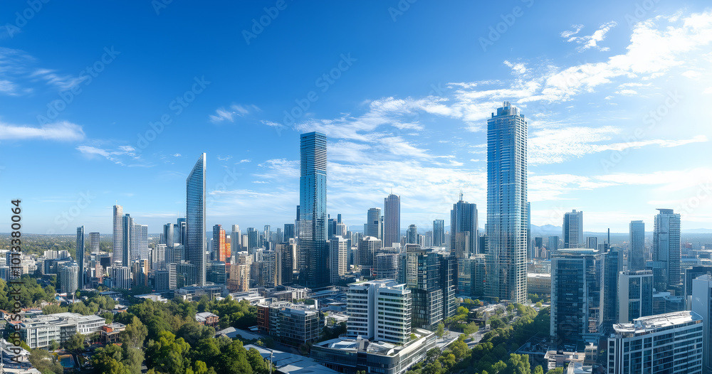 Obraz premium Aerial View of City Skyline and Skyscrapers Under Blue Sky and White Clouds
