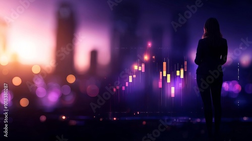 Businesswoman analyzing data in urban environment, purple tones