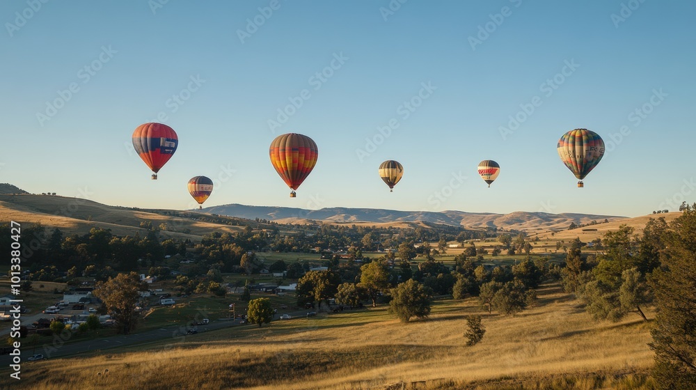 Obraz premium Balony na ogrzane powietrze nad wiejską doliną.