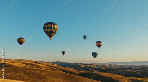 Hot air balloons over rolling hills at sunrise.