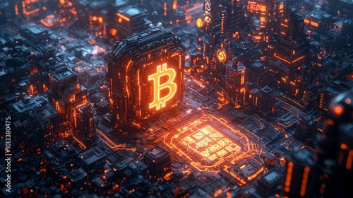 A digital landscape featuring a prominent Bitcoin symbol amidst futuristic city structures.