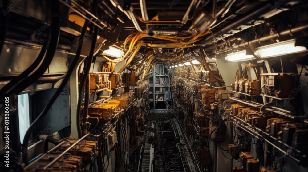 Fototapeta premium Complex mechanics unravel in a tunnel, showcasing an intricate network of cables and devices under warm industrial lighting.