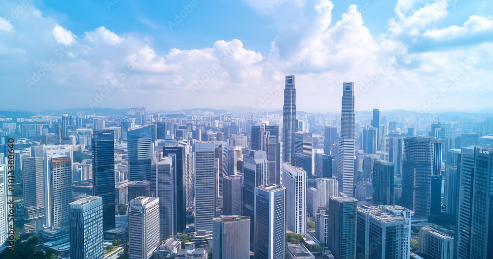 Obraz premium Aerial View of City Skyline and Skyscrapers Under Blue Sky and White Clouds