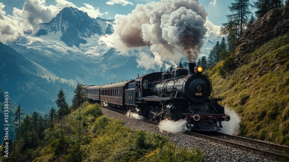 Fototapeta premium Vintage steam train chugs through mountainous terrain.