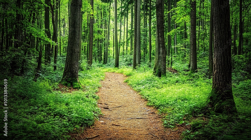 Serene Forest Path through Lush Greenery Serene Forest Path through Lush Greenery