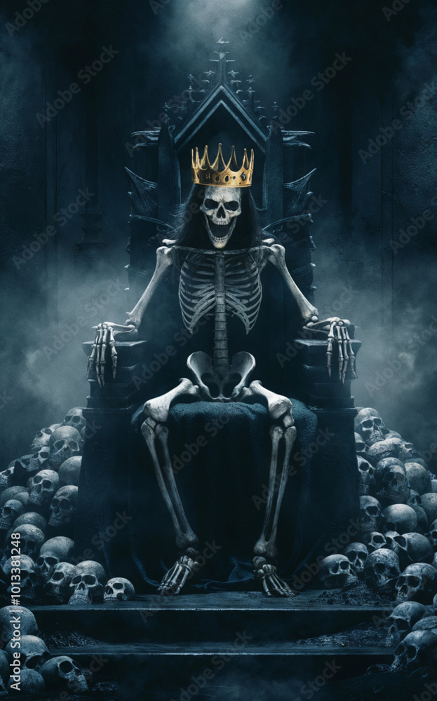 A macabre skeleton ruler seated on a Gothic horror throne, surrounded by skull piles. Afterlife concept art showcasing death’s grim majesty. Dark medieval scene ideal for Halloween and Gothic themes A macabre skeleton ruler seated on a Gothic horror throne, surrounded by skull piles. Afterlife concept art showcasing death’s grim majesty. Dark medieval scene ideal for Halloween and Gothic themes