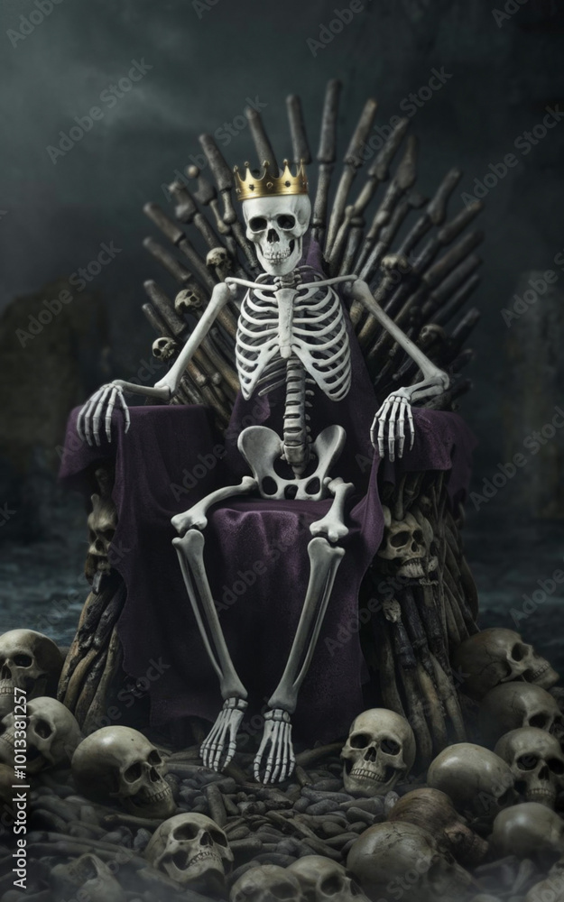 A creepy skeleton king or queen seated on a grim horror throne. Afterlife concept art. Death seated on his throne with piles of skulls around him. Gothic Horror Halloween Medieval Throne. A creepy skeleton king or queen seated on a grim horror throne. Afterlife concept art. Death seated on his throne with piles of skulls around him. Gothic Horror Halloween Medieval Throne.