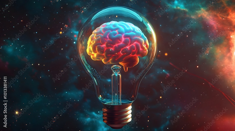 Colorful brain inside a lightbulb against a cosmic background Colorful brain inside a lightbulb against a cosmic background