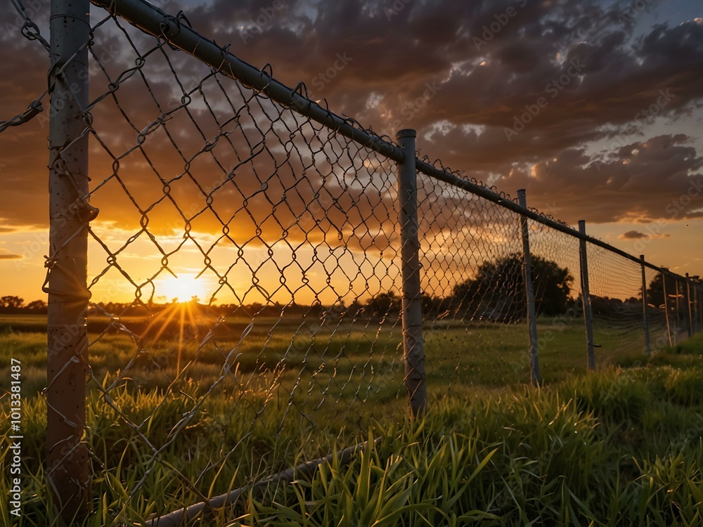 Chain link fence extending through a grassy field under a glowing sunset. Chain link fence extending through a grassy field under a glowing sunset.