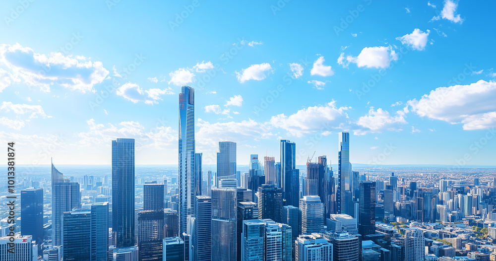 Aerial View of City Skyline and Skyscrapers Under Blue Sky and White Clouds Aerial View of City Skyline and Skyscrapers Under Blue Sky and White Clouds