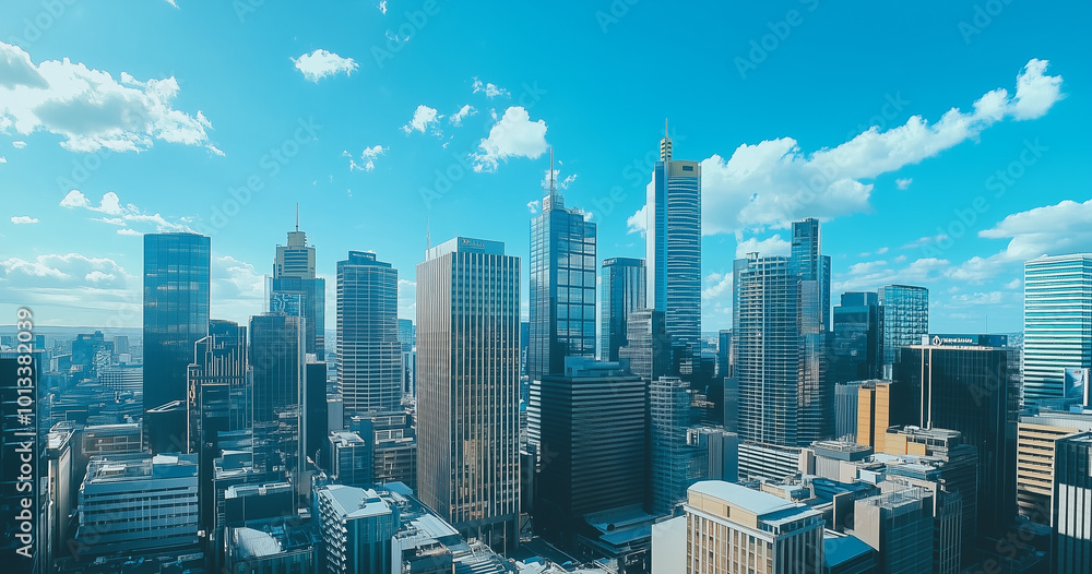 Fototapeta premium Aerial View of City Skyline and Skyscrapers Under Blue Sky and White Clouds