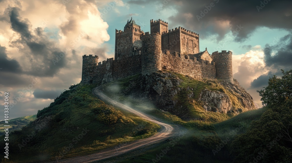 Fototapeta premium Stone castle on a hill with a winding road.