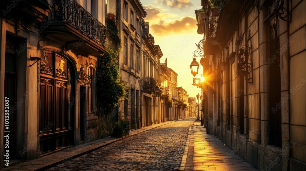 Fototapeta premium Cobblestone street in European city at sunset.