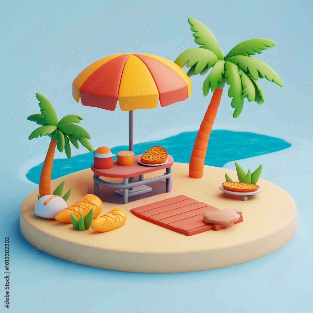 Obraz premium 3D Beach Grill Icon: Seaside Barbecue Setup Illustration Logo