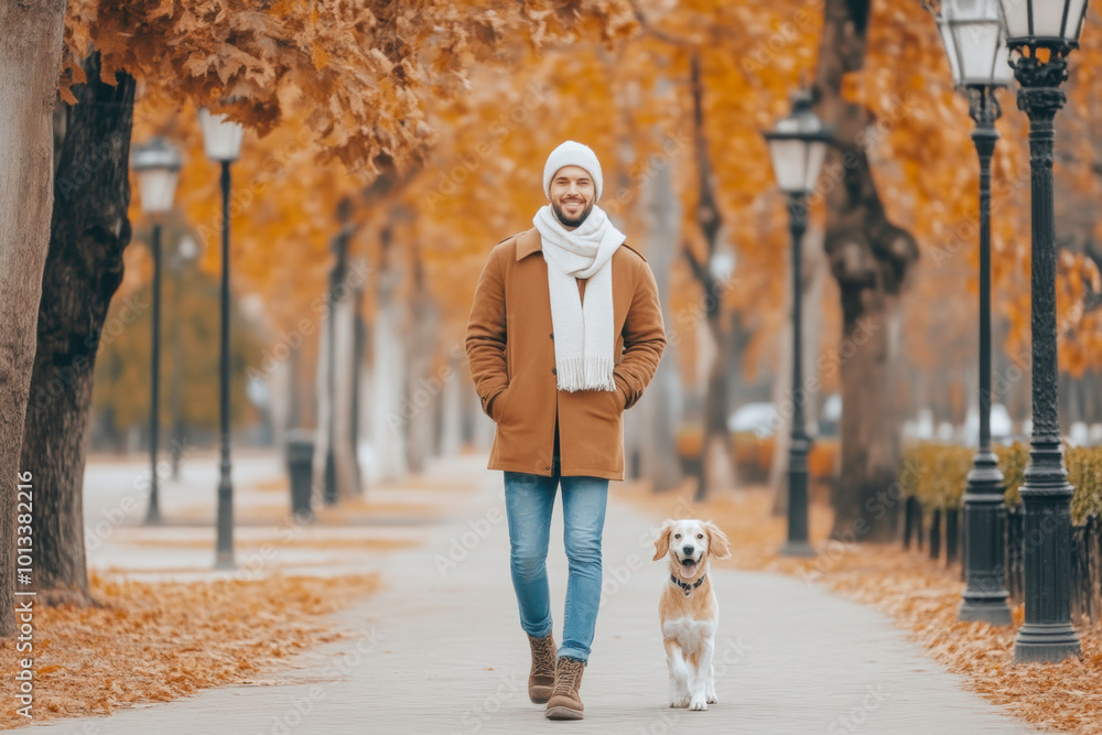 Fototapeta premium A man is walking down a road with her dog