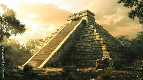 Fototapeta Naklejka Na Ścianę i Meble -  Stone pyramid in jungle at sunset.