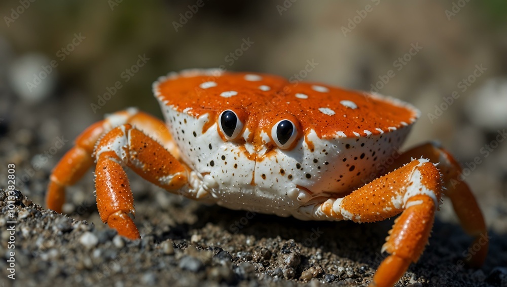 Close-up of a cute crab with orange and white spots. Close-up of a cute crab with orange and white spots.