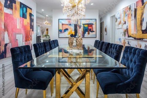 An elegant dining room featuring a long glass dining table with gold legs, surrounded by navy velvet chairs, with a striking chandelier above and a gallery wall of abstract art in the background.