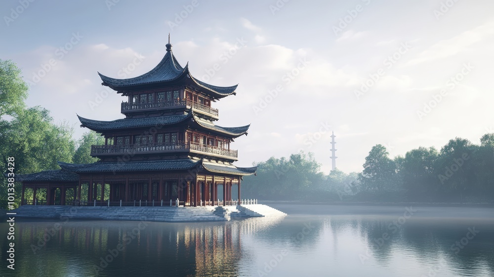 A Chinese pagoda stands on a lake. A Chinese pagoda stands on a lake.