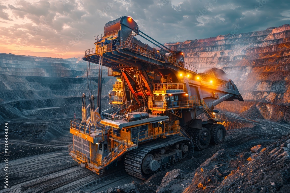 Large mining excavator working in open-pit mine at sunset. Heavy machinery in an industrial quarry site with dramatic lighting. Mining industry and machinery concept. Large mining excavator working in open-pit mine at sunset. Heavy machinery in an industrial quarry site with dramatic lighting. Mining industry and machinery concept.